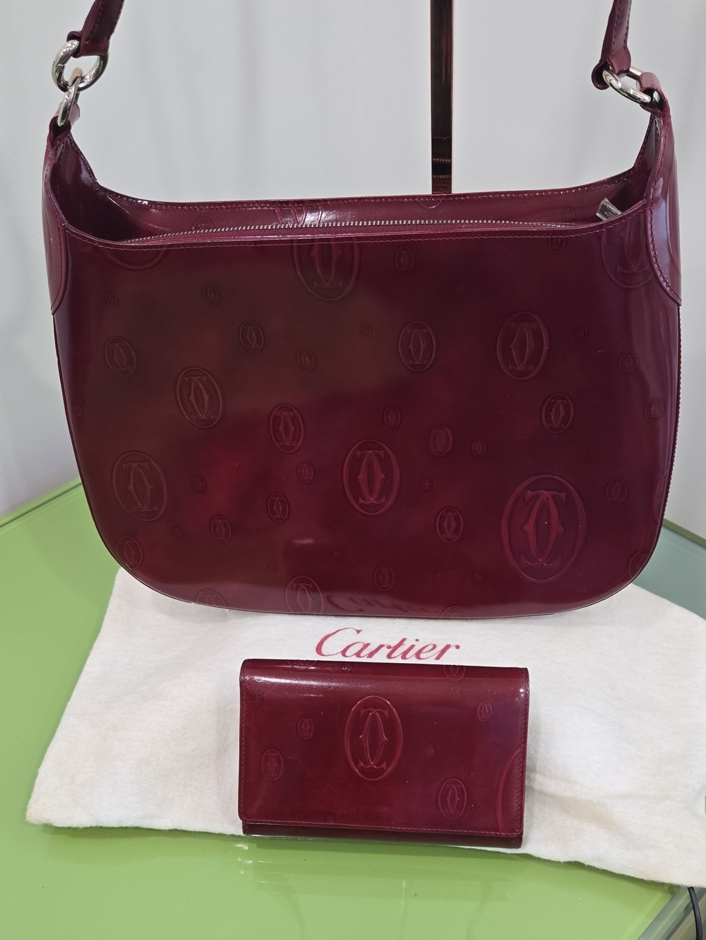 Cartier Happy Birthday Patent Leather Shoulder Bag in Deep Burgundy and Wallet